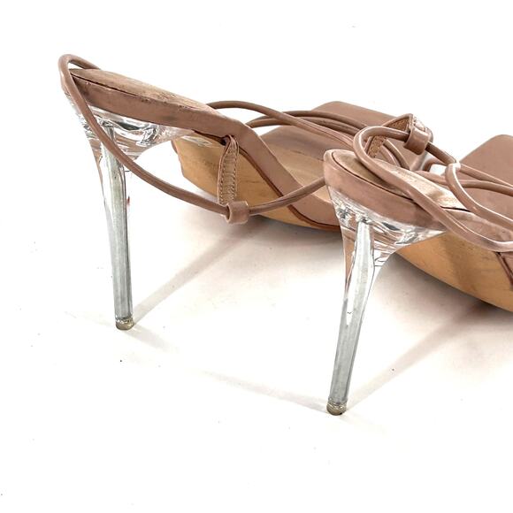 H Halston Wizard Multi Strap Party Heels Sandal 9 Tan Nude Clear Minimalist - Picture 3 of 7